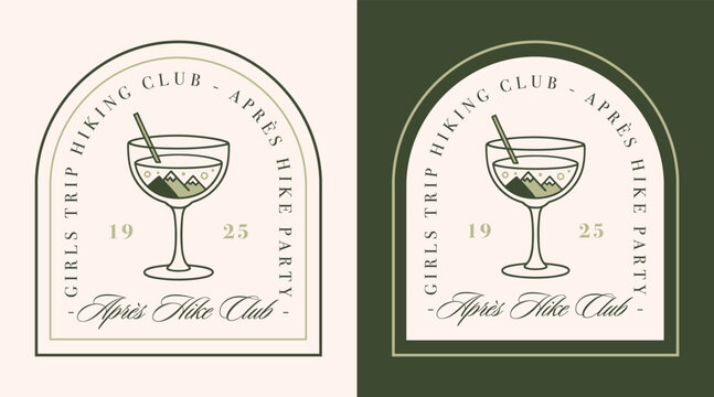 Hiking party apres hike club girls trip mountain theme cocktail glass drawing friends group shirt design. Retro vintage fancy chic green aesthetic hiker sticker badge patch poster sign graphic print.