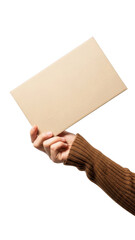 Hand holding cardboard box isolated on transparent background