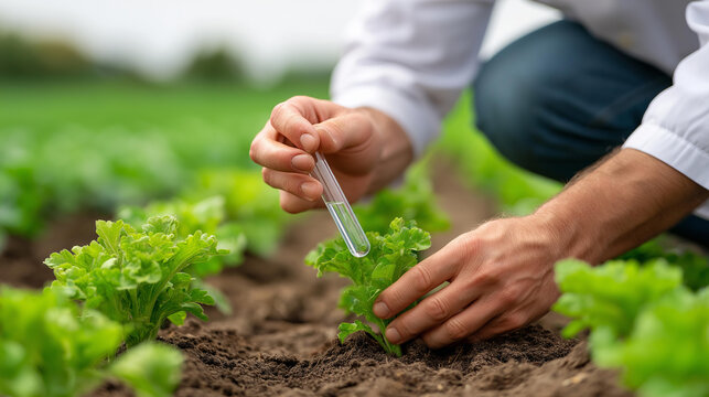 Farmer collecting soil samples in test tube in agricultural field, agronomist checking soil carbon and plant health, farm environmental monitoring, crop analysis procedure, defocus
