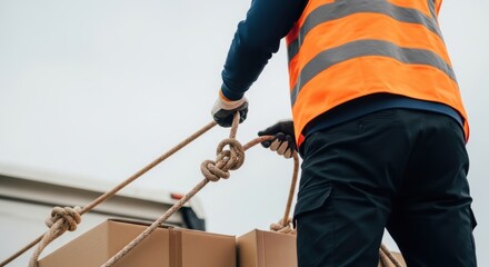 A worker in an orange safety vest securing a rope around cardboard boxes