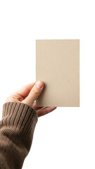 Hand holding cardboard paper isolated on transparent background