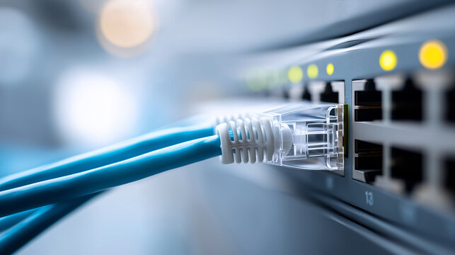 ethernet cable partially inserted into network switch port, visible switch surface and surrounding ports, medium shot photography, realistic network equipment environment, soft dir