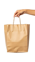 Hand holding brown paper bag isolated on transparent background
