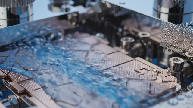Close-Up of Liquid Cooling System With Flowing Blue Liquid Over Copper Heat Sink