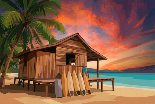 A wooden surf bungalow on a tranquil beach at sunset. A beautiful illustration of a tropical paradise, vacation, and surfing lifestyle.