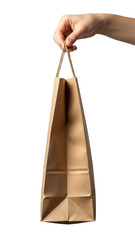 Hand holding paper bag, isolated on transparent background