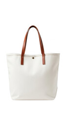 White leather tote bag with brown handles isolated on transparent background