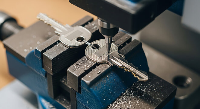 Machinist precision cuts keys on metalworking lathe in industrial workshop with machinery and tools visible in the background.