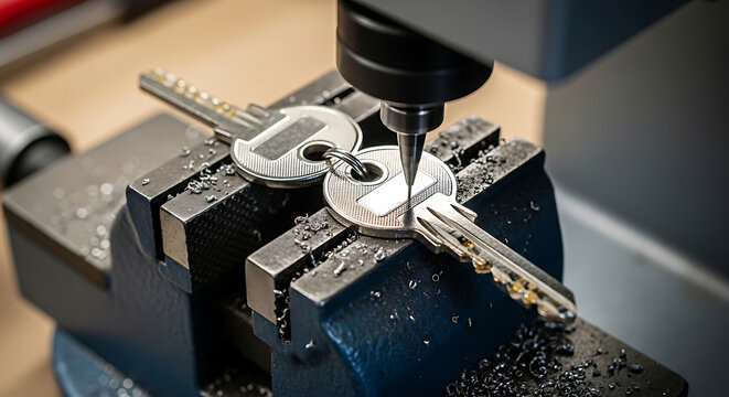A metal key being cut using a machine in a workshop environment from a close-up viewpoint