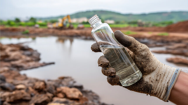 Close-up of faceless hands in cleen gloves collecting water samples from a sediment pond at a mine site, Environmental Monitoring, focus on the clear water in the bottle and the di