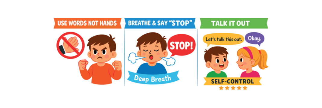 three panel story about using words not hands child feeling mad breathing using stop words talking it self control script clean shapes. colored flat icon vector illustration