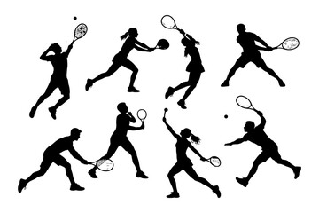 Silhouettes of diverse tennis players in action.