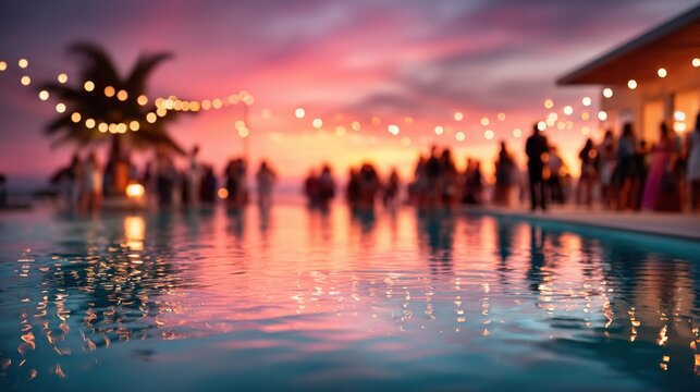 Elegant evening party by the pool with string lights and sunset sky