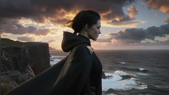 Woman in dark cloak stands on sea cliff at dramatic sunset; wind lifts hair and cape hem; ocean waves crash below, storm clouds glow orange. Footage for fantasy film intros, game cutscenes, or mythic.