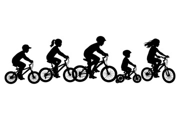 Fototapeta premium Silhouettes of children riding bicycles in sequence.