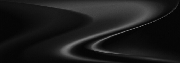 Obraz premium Silver ink flow illustration with panoramic curved pattern movement and an expensive grain texture on luxury black background.