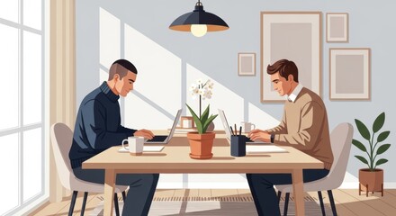 Fototapeta premium Modern couple working from home at shared desk, laptops, soft daylight