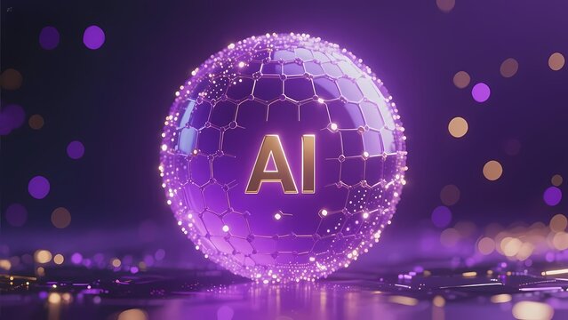 A glowing purple sphere with a hexagonal grid pattern and 'AI' text, surrounded by bokeh lights on a reflective surface.