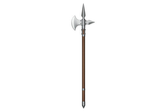 Medieval halberd on grey background with detailed metal blade and wooden handle