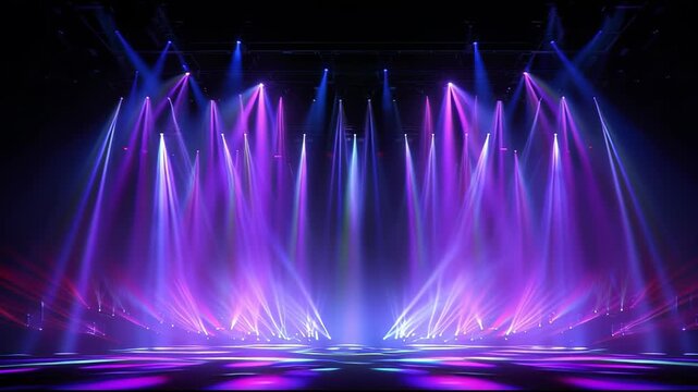 Vibrant purple and blue stage lights illuminate a dark concert venue with dramatic rays and reflections