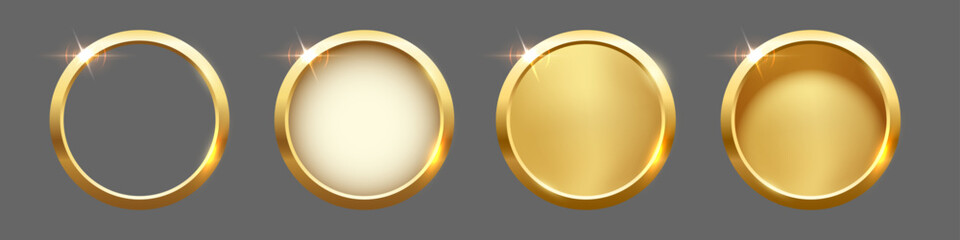Fototapeta na wymiar Gold metal medal set. Golden buttons, seals. First place awards. Shiny badges for top ranking, winners, competition prize, or achievement certificate. Realistic vector illustration.