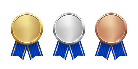 Obraz premium Gold, silver, and bronze medals. Realistic 3D award medals with blue ribbons, symbolizing first, second, and third place in sports, competitions, athletic events. Vector illustration.