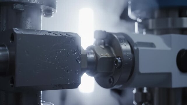 Close-Up of Industrial Machinery With Water Droplets and Steam, Detailed View