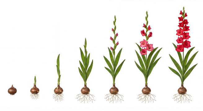 Gladiolus (Gladiolus) complete life cycle showing corm and root development