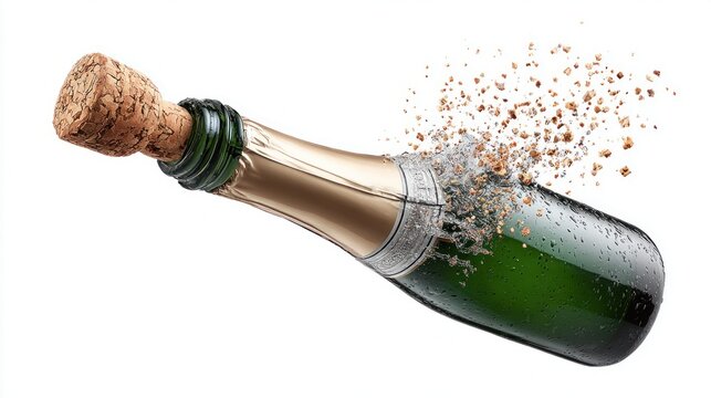 Champagne bottle cork popping with splash and fragments flying out