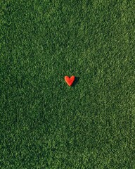 Top-down aerial view of a clean green grass field with a red love icon