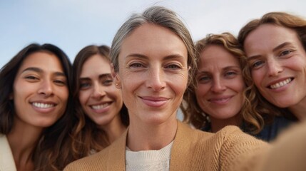 Fototapeta premium Close-up portrait of a group of five women, all of whom are smiling and looking at the camera.