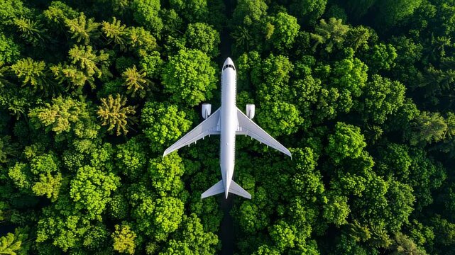 Airplane flying low over lush green dense forest canopy aerial view