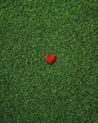 Top-down aerial view of a clean green grass field with a red love icon