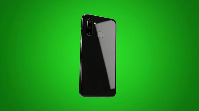 Black smartphone resting on green surface showcasing sleek design and modern technology in a studio setting, creating a clean and professional image.
