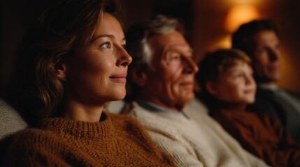 Fototapeta premium Group of four people sitting on a couch in a dimly lit room. the focus of the image is on a woman on the left side, who is looking up towards the sky with a peaceful expression on her face.