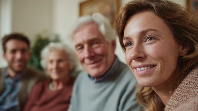 Group of four people, two men and two women, sitting together on a couch in a living room. they are all smiling and looking at the camera.