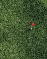 Top-down aerial view of a clean green grass field with a red flag