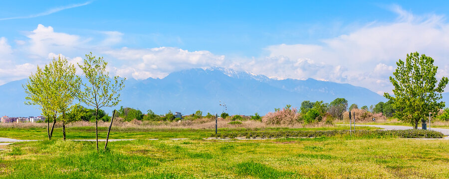 Panoramic banner view of mount Olympus in Greece