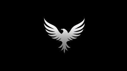 Obraz premium A stylized, silver-toned eagle silhouette soars against a stark black background, showcasing powerful wings in a dynamic flight posture.