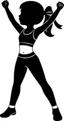 Fitness girl celebrating her success with raised arms, showcasing athletic wear and confident pose