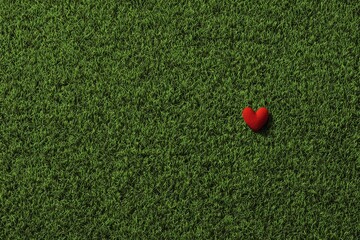Top-down aerial view of a clean green grass field with a red love icon