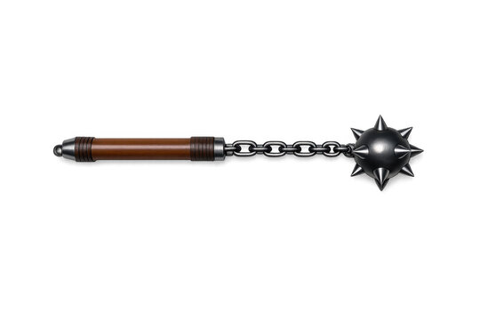 Medieval spiked flail weapon with wooden handle and metal chain on gray background