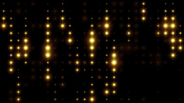 Background wall of flashing gold led lights. Abstract rain, falling golden lights. Calm, peaceful warm background. Shining flicker animation for banner. VJ animation. 4k seamless loop video