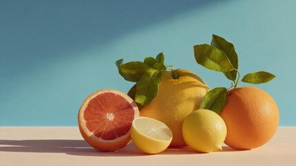 Group of fresh fruits on a light blue background. there are three oranges, two lemons, and a grapefruit with green leaves on top. the grapefruit is cut in half, revealing its juicy pink flesh.