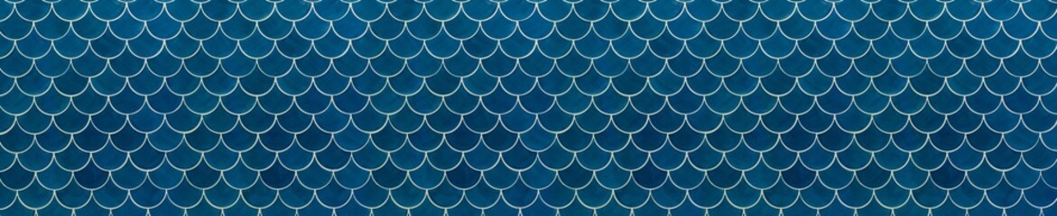 Deep Navy Blue Scallop Tile Texture with Dark Teal Fish Scale Mosaic Pattern © MonTeArt