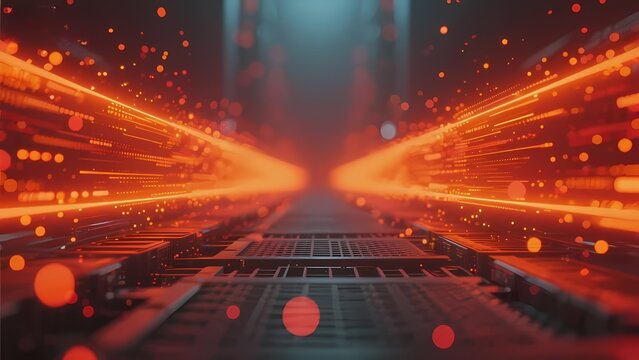 Futuristic digital corridor with glowing orange light trails and data streams in a high-tech environment