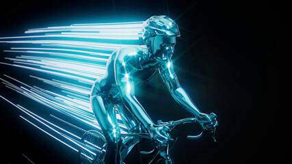 Conceptual 3D illustration of a cyclist motion design with trails