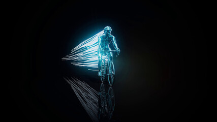 Conceptual 3D illustration of a cyclist motion design with trails