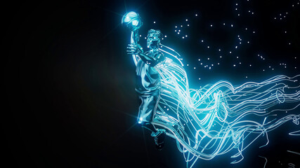 Conceptual 3D illustration of a basketball player dunking motion design