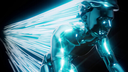 Conceptual 3D illustration of a cyclist motion design with trails